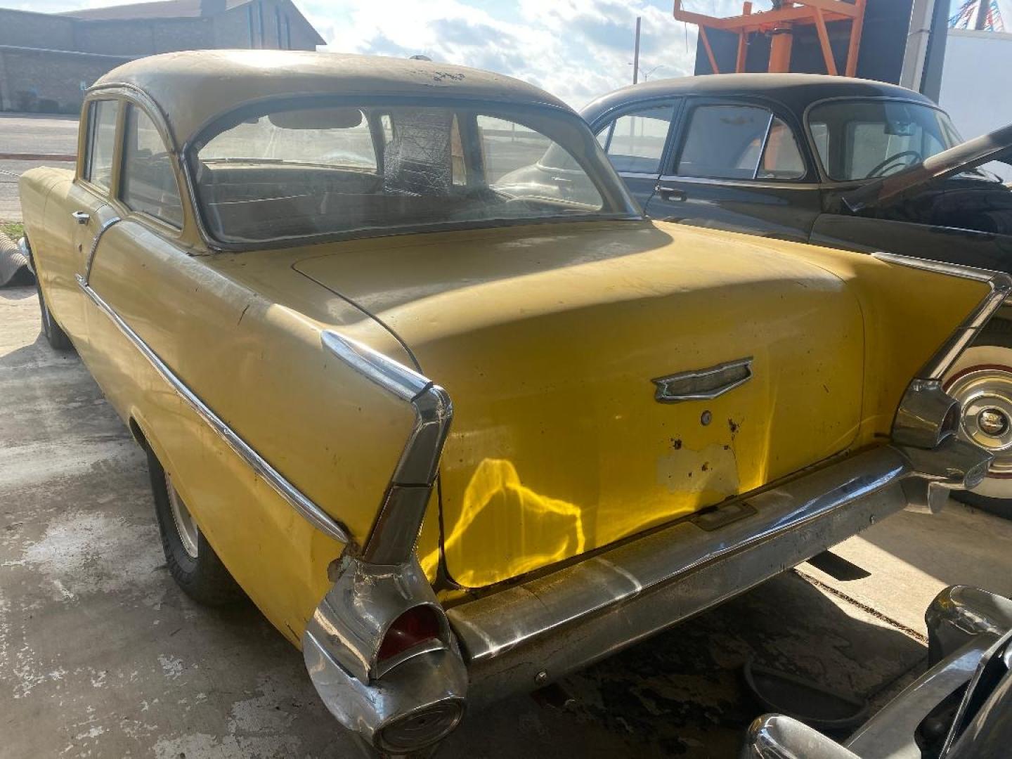 1957 Yellow /Tan Chevrolet 150 (C56A020067) with an 327 V8 engine, 4 Spd transmission, located at 1687 Business 35 S, New Braunfels, TX, 78130, (830) 625-7159, 29.655487, -98.051491 - Sittin under a shed find!! 1957 Chevrolet 150 once in its life was running the drag strip. Miles unknown equipped with a 327 V8 paired with a 4 speed transmission within a shatter proof bell housing. 12 Years in New Braunfels previously race car in California. Ready for total restoration - Photo#1